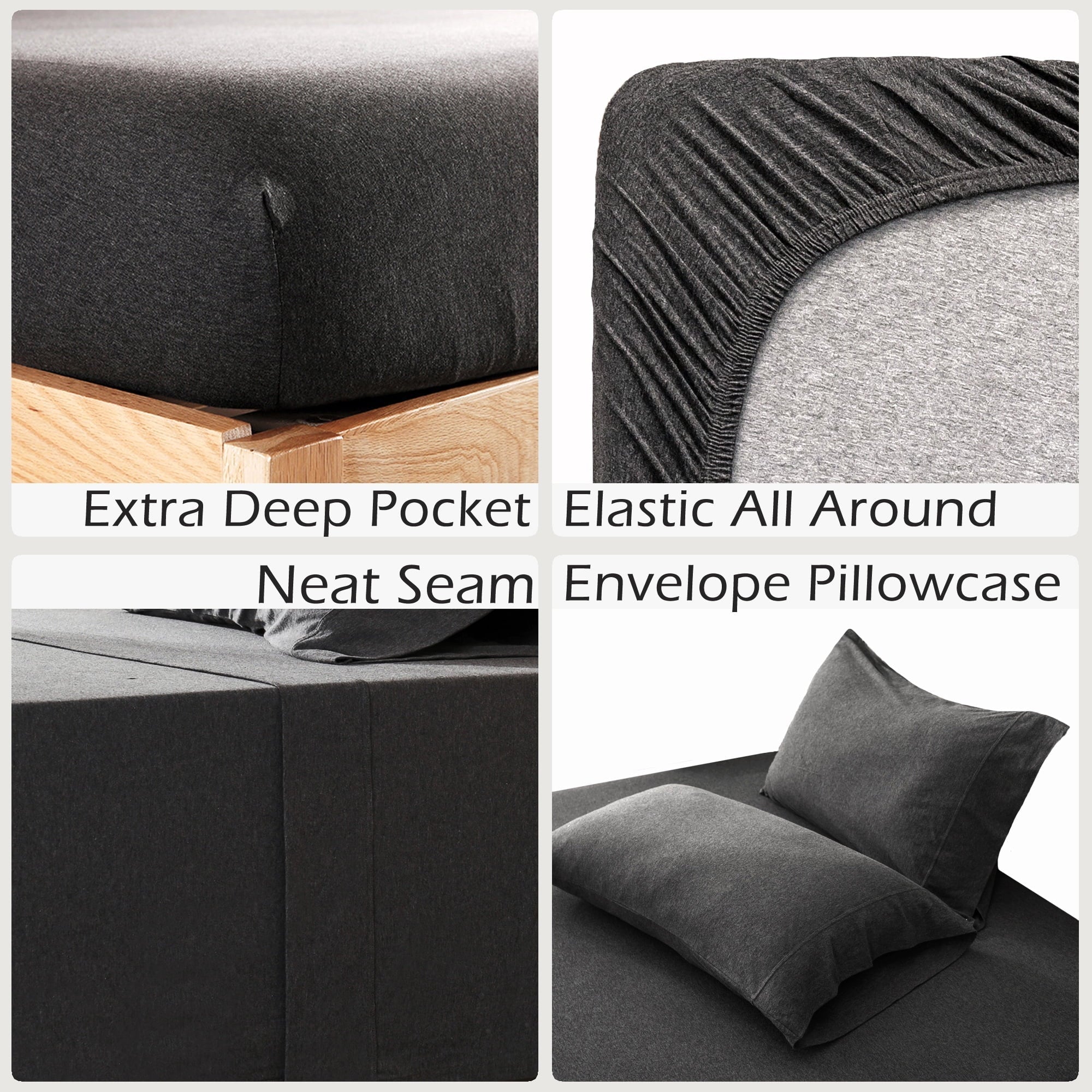 Ultra-Soft 100% Cotton Jersey Knit 4pc Bed Sheet Set Extra Deep Pocket up to 20" Charcoal Gray Queen - Breathable Egyptian Cotton Flat & Fitted Sheets Detail