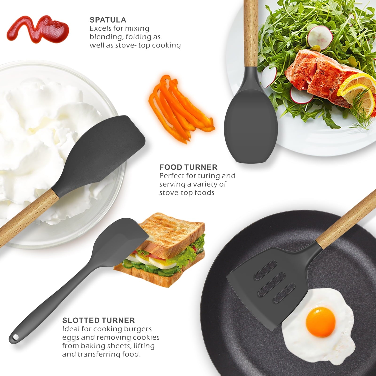 Heat-Resistant Silicone Cooking Utensils Set - 446°F Heat Resistant Silicone Kitchen Utensils for Cooking,Kitchen Utensil Spatula Se... - Heat-Resistant Silicone Cooking Spatula Turner Detail