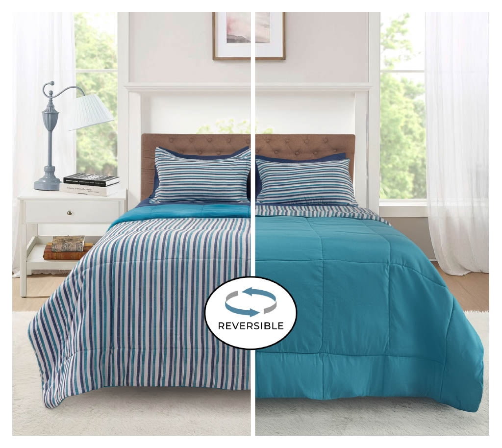 All-Season All in One Reversible Comforter and Sheet Set- 7 Piece, Queen, Blue Pinstripe - All-Season Down Alternative Comforter Insert Detail