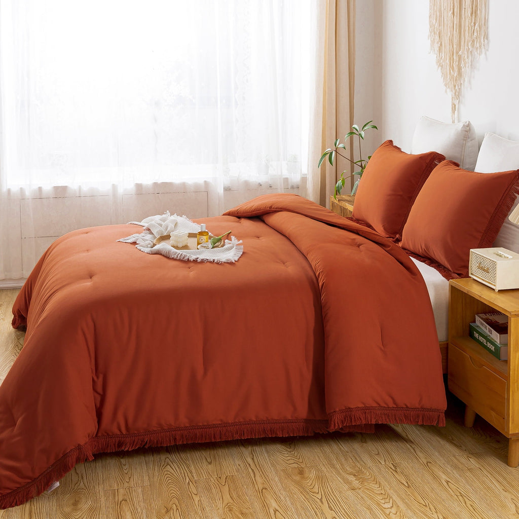 All-Season King Size Comforter Sets Burnt Orange, 3 Pieces Soft Fluffy Boho Bedding Comforter Sets for King Bed, All Season Terr... - All-Season Down Alternative Comforter Insert Detail