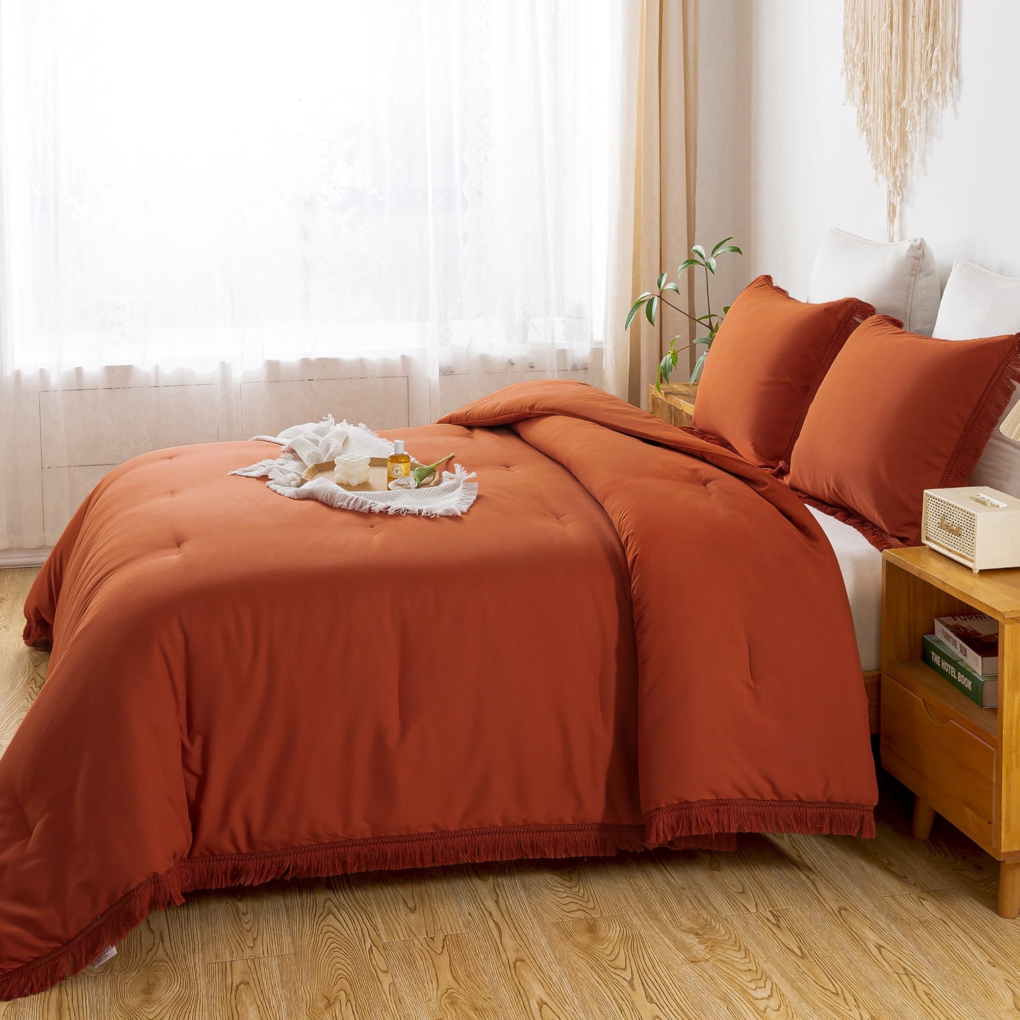 All-Season King Size Comforter Sets Burnt Orange, 3 Pieces Soft Fluffy Boho Bedding Comforter Sets for King Bed, All Season Terr... - All-Season Down Alternative Comforter Insert Detail