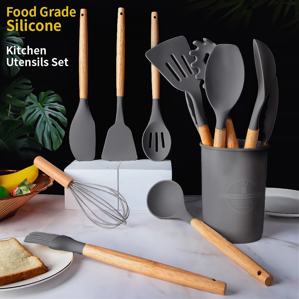 Non-Stick Safe Silicone Wooden Heat Resistant Kitchen Utensil Set, 12 pcs - Premium Stainless Steel Cooking Utensil for Non-Stick Pots Detail