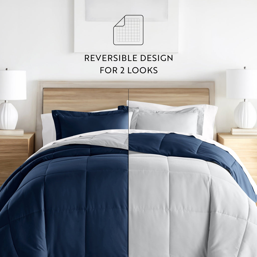 Fluffy Down Alternative 2-Piece Navy & Gray Reversible Down Alternative Comforter Set, Twin/Twin XL - Luxurious Quilted Duvet Cover Set Detail