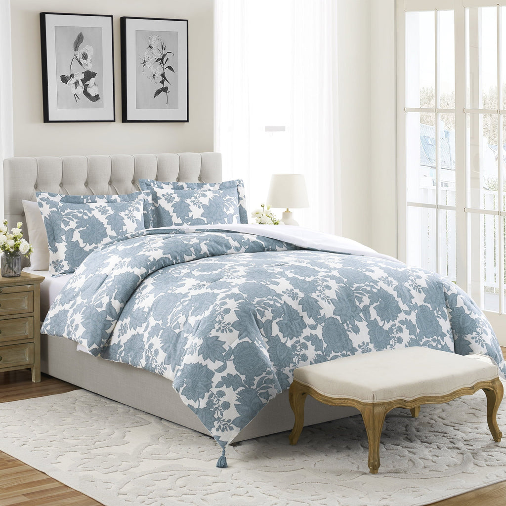 Heavyweight Warmth Veronica 3-Piece Blue Floral Cotton Slub Comforter Set, King - All-Season Down Alternative Comforter Insert Detail