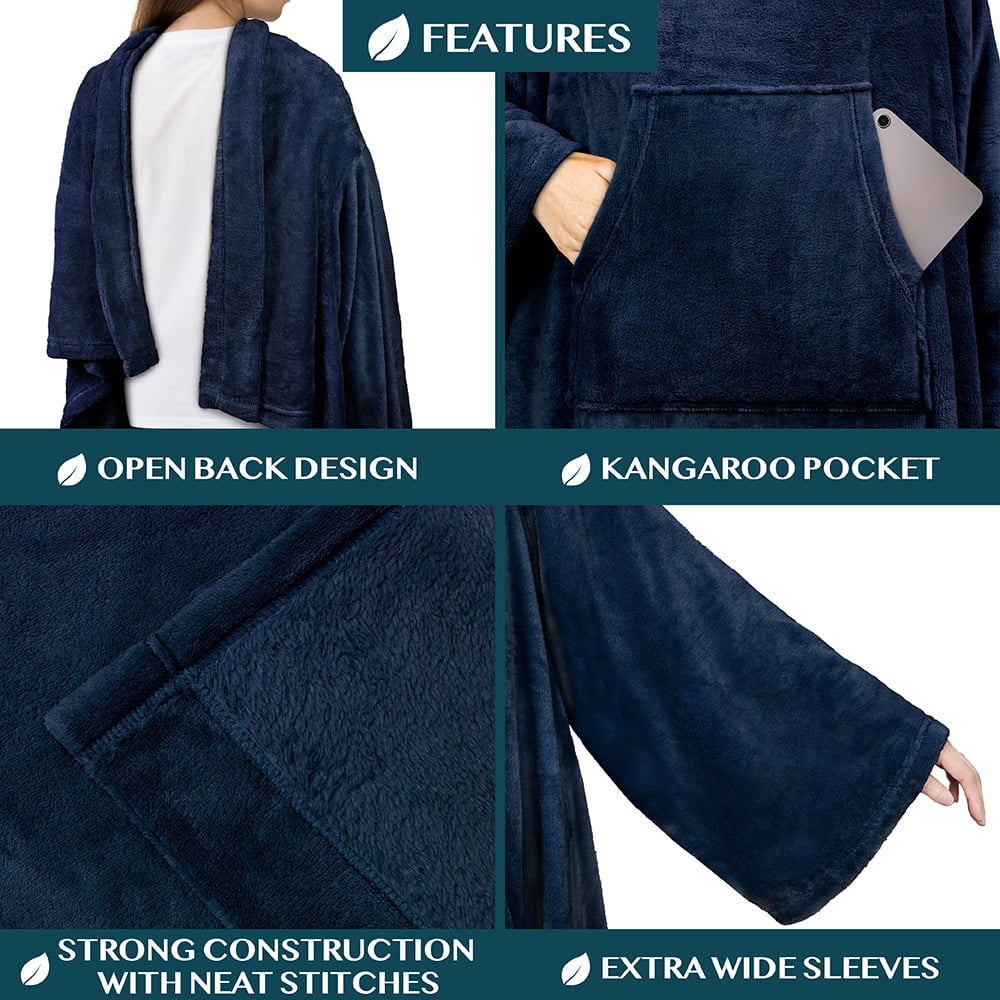 Super Soft Flannel Navy Blue Fleece Wearable Blanket with Sleeves for Adults Women Men, Soft Warm Full Body Wrap Throw, Sweatshirt Pocke... - Super Soft Reversible Sherpa Flannel Blanket Detail