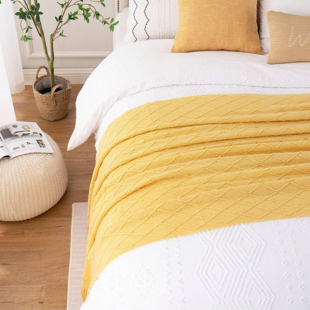 Lightweight Warm Mustard Throw Blanket for Couch,Gold Yellow Knit Throw with Fringe,Outdoor Throw ,50"x60" - Super Soft Reversible Sherpa Flannel Blanket Detail