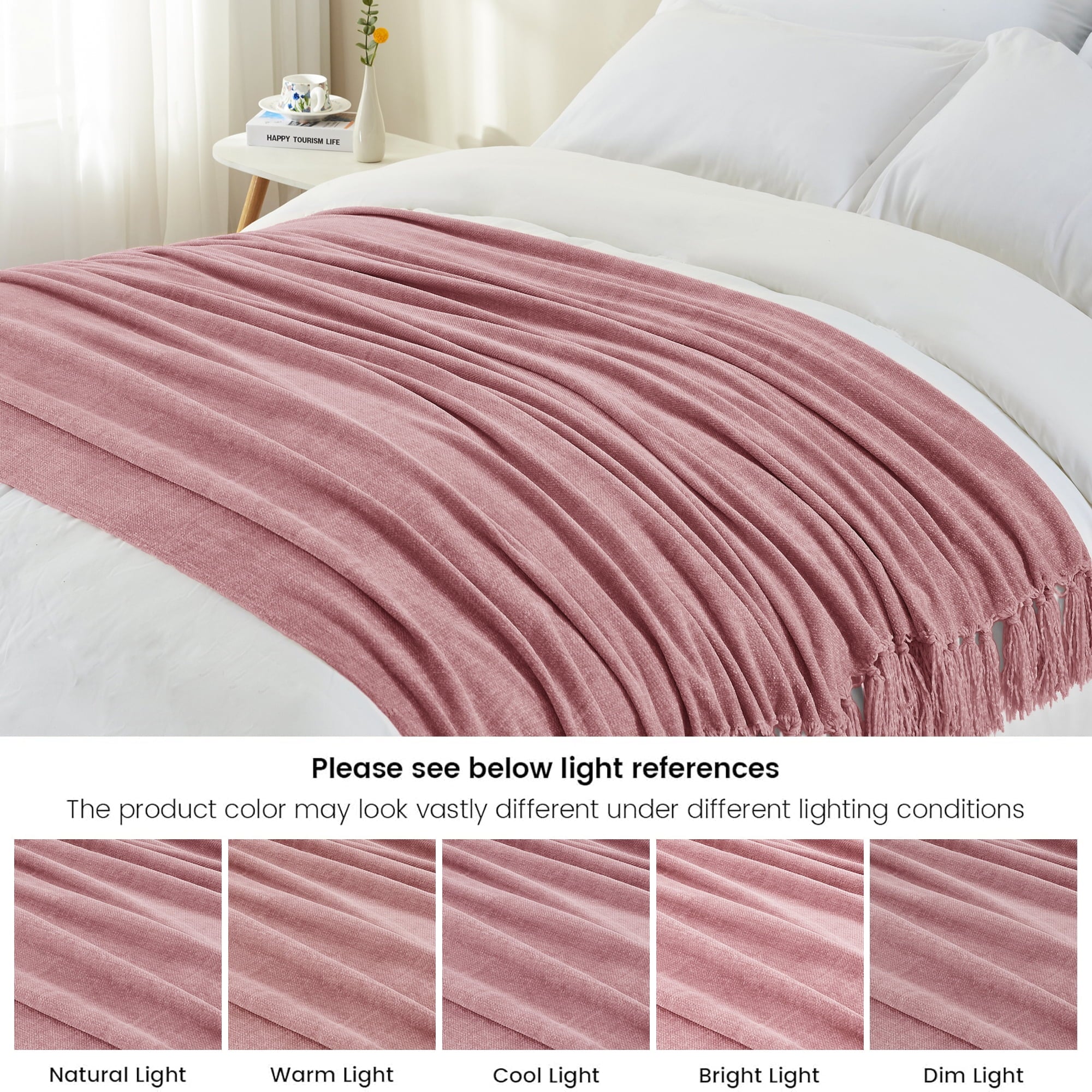 Lightweight Warm Chenille Throw Blanket with Fringe Tassel for Couch Sofa Chair Bed, Mauve 50" X 70" - Lightweight Plush Warm Blanket for All Seasons Detail