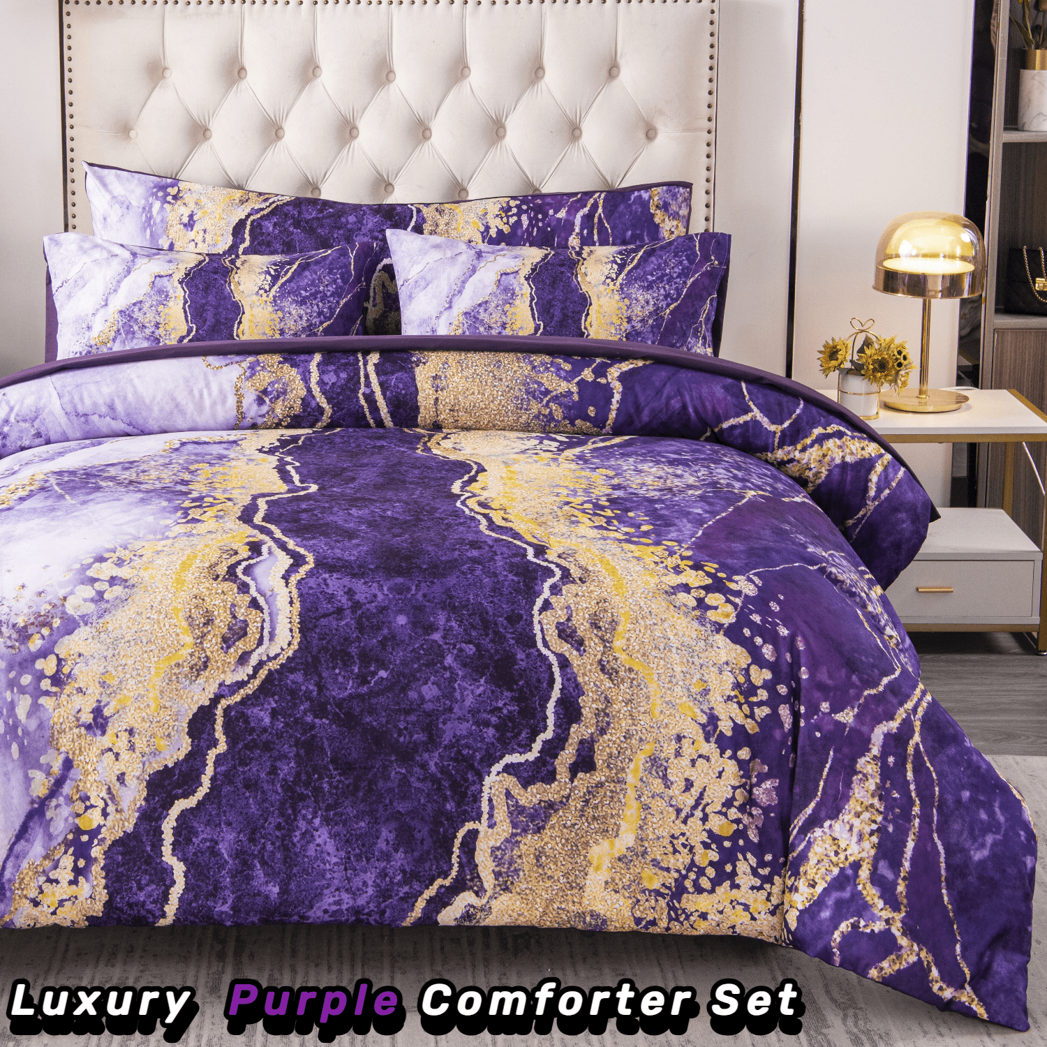 Hypoallergenic Cloud 6 Pieces Queen Size Comforter Set Purple,Watercolor Marble Colorful Purple Bedding,Ultra Soft Purple Bed Set with Com... - Hypoallergenic Ultra-Fluffy Quilt for Winter Detail