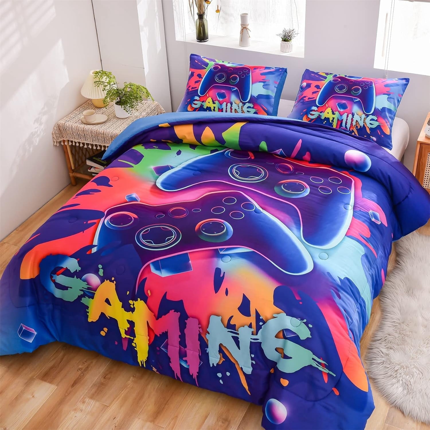Fluffy Down Alternative Purple Queen Gaming Comforter Sets for Boys Kids Bedding Sets Colorful Games Console Gamer Quilt Set - Cloud-Like Soft Lightweight Bed Comforter Detail
