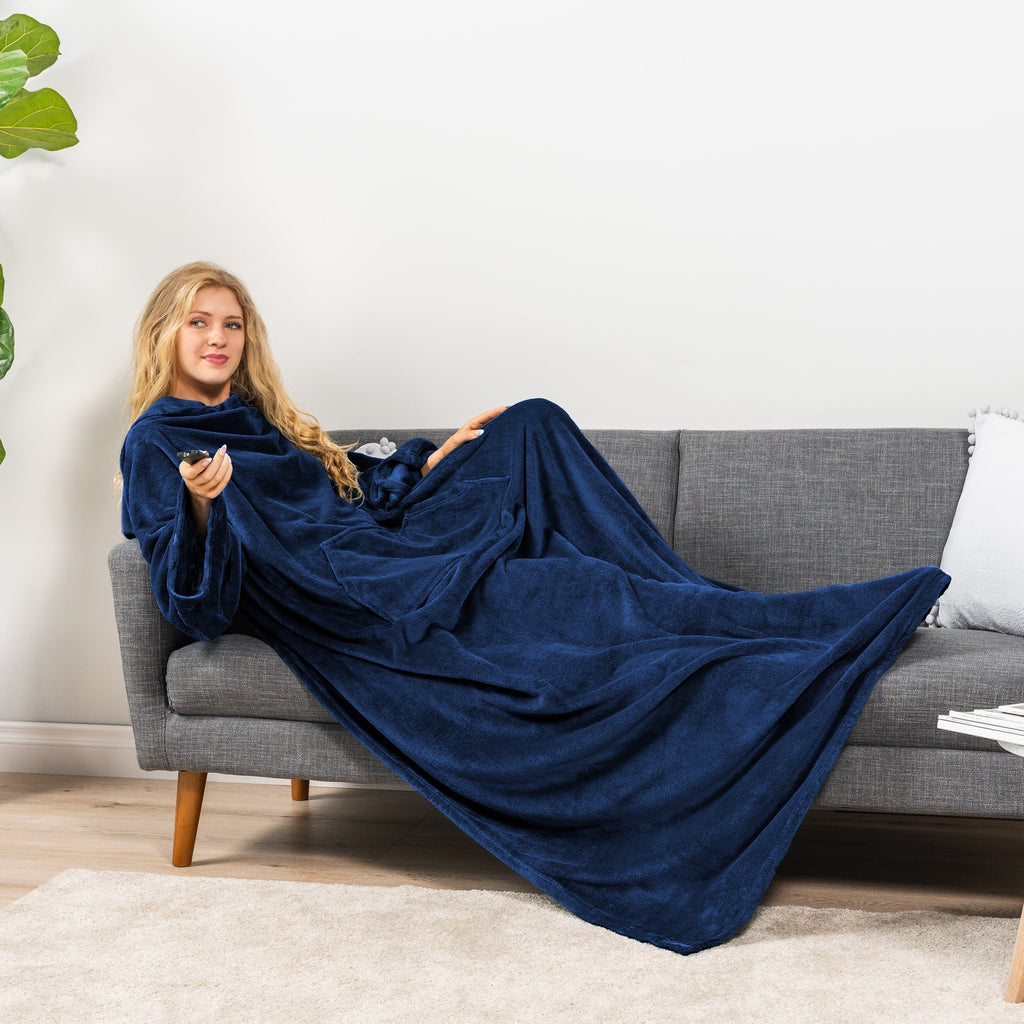 Super Soft Flannel Navy Blue Fleece Wearable Blanket with Sleeves for Adults Women Men, Soft Warm Full Body Wrap Throw, Sweatshirt Pocke... - Super Soft Reversible Sherpa Flannel Blanket Detail