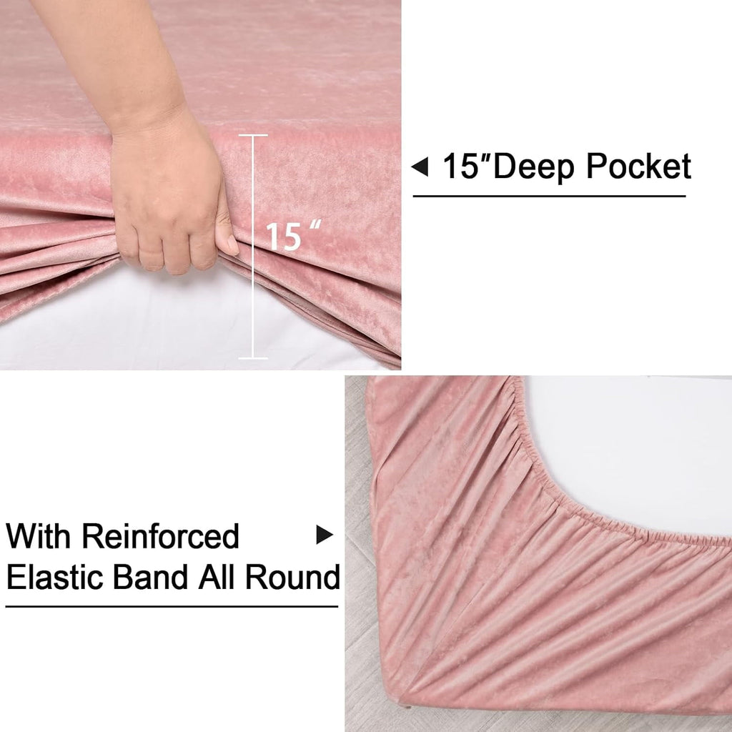 Premium Egyptian Cotton Truly Velvet Fitted Sheet Twin Size, Luxury Super Soft Flannel Bottom Sheet with 15" Deep Pocket for Winter, Pink - Breathable Egyptian Cotton Flat & Fitted Sheets Detail
