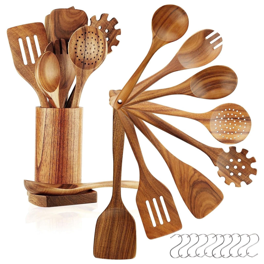Ergonomic Cooking 10Pcs Wooden Spoons for Cooking, Smooth Finish Teak Wooden Utensils for Cooking, Soft Comfort-Grip Wood Spoons for Co... - Premium Stainless Steel Cooking Utensil for Non-Stick Pots - Default Title