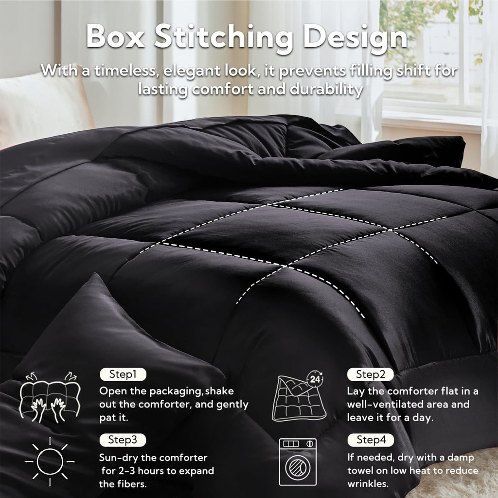 Hypoallergenic Cloud Reversible Satin Microfiber Comforter 3 Pieces Queen Size, Black Queen Comforter Set for All Seasons, Silky Soft Sati... - All-Season Down Alternative Comforter Insert Detail