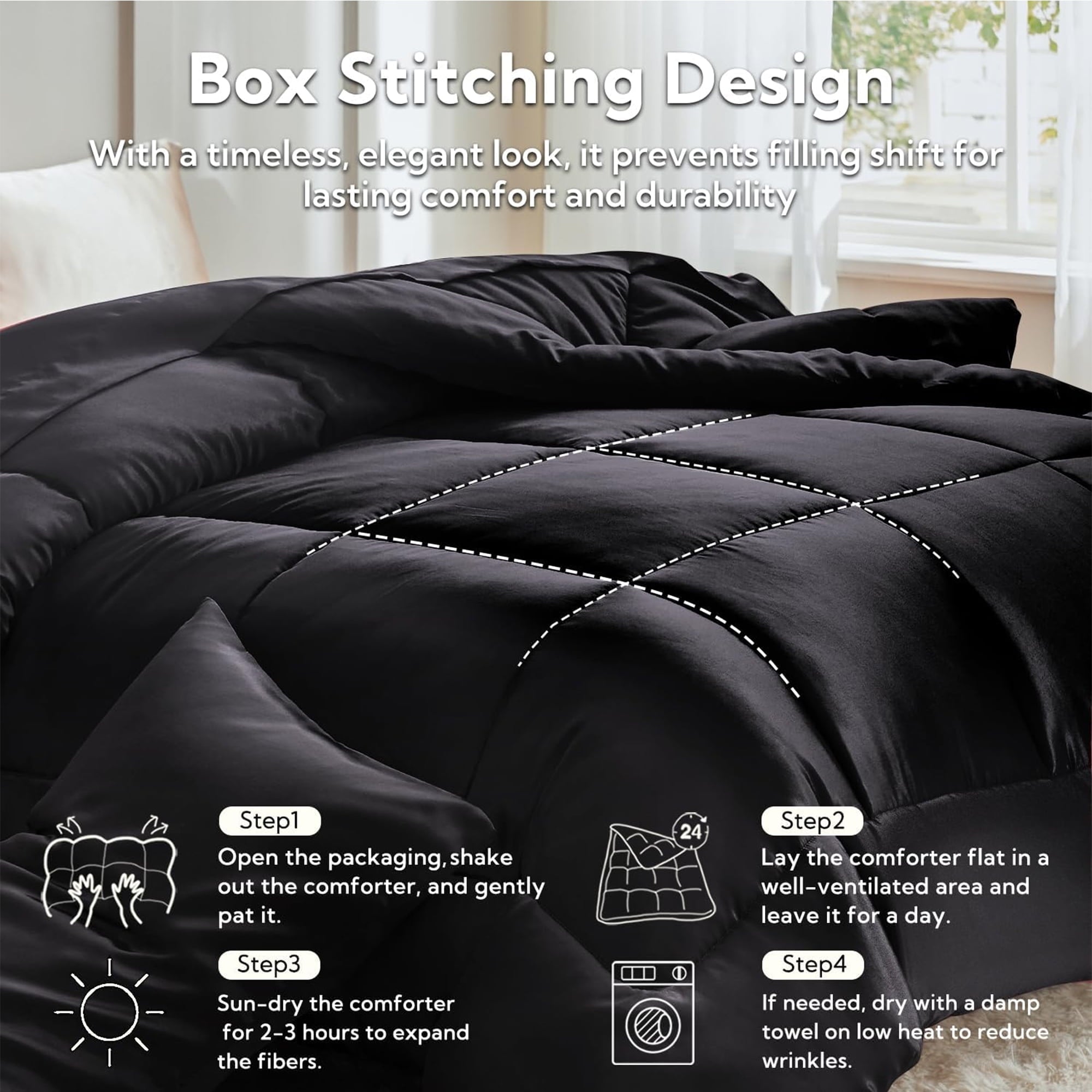 Hypoallergenic Cloud Reversible Satin Microfiber Comforter 3 Pieces Queen Size, Black Queen Comforter Set for All Seasons, Silky Soft Sati... - All-Season Down Alternative Comforter Insert Detail