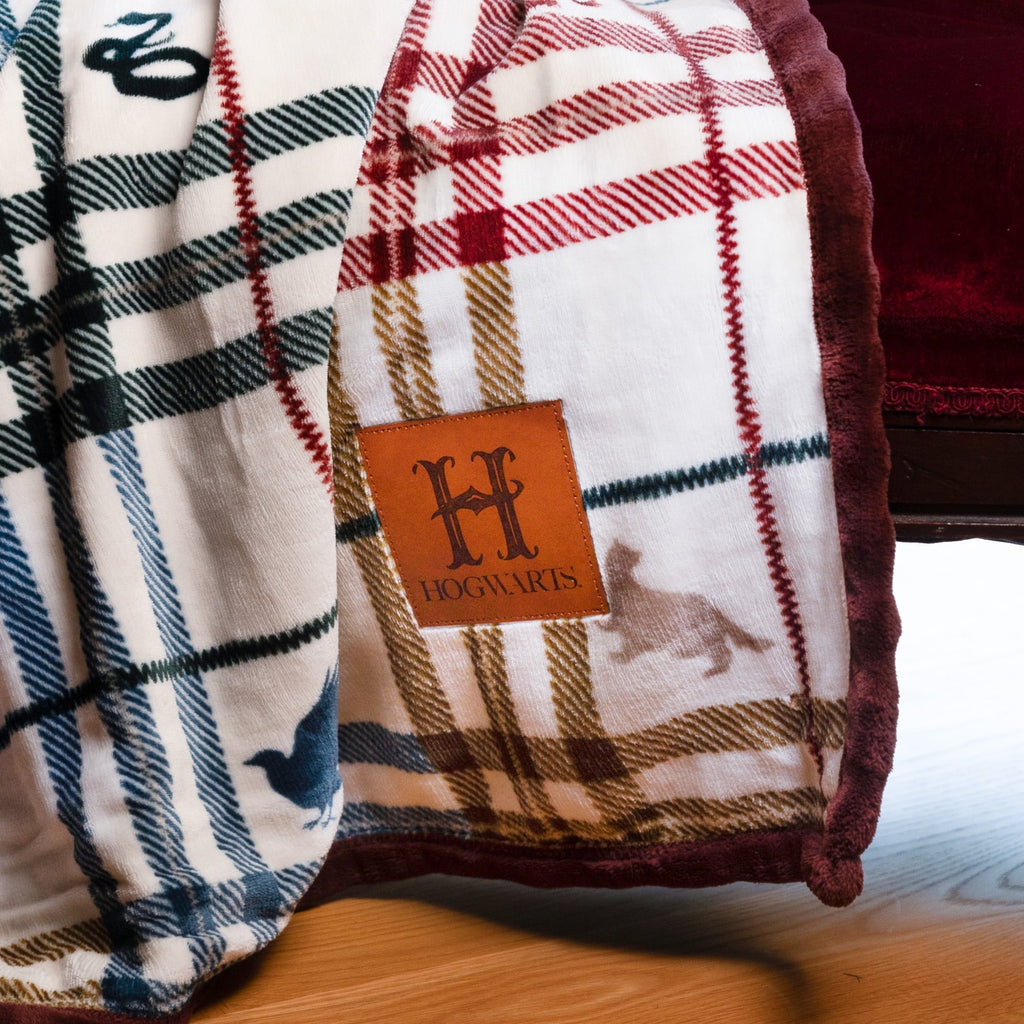 Super Soft Flannel Academic Plaid Tartan Crest with Faux Leather Patch and Milky Mink Reverse Throw, 60x70 inches - Cozy Fleece Throw Blanket for Couch & Bed Detail