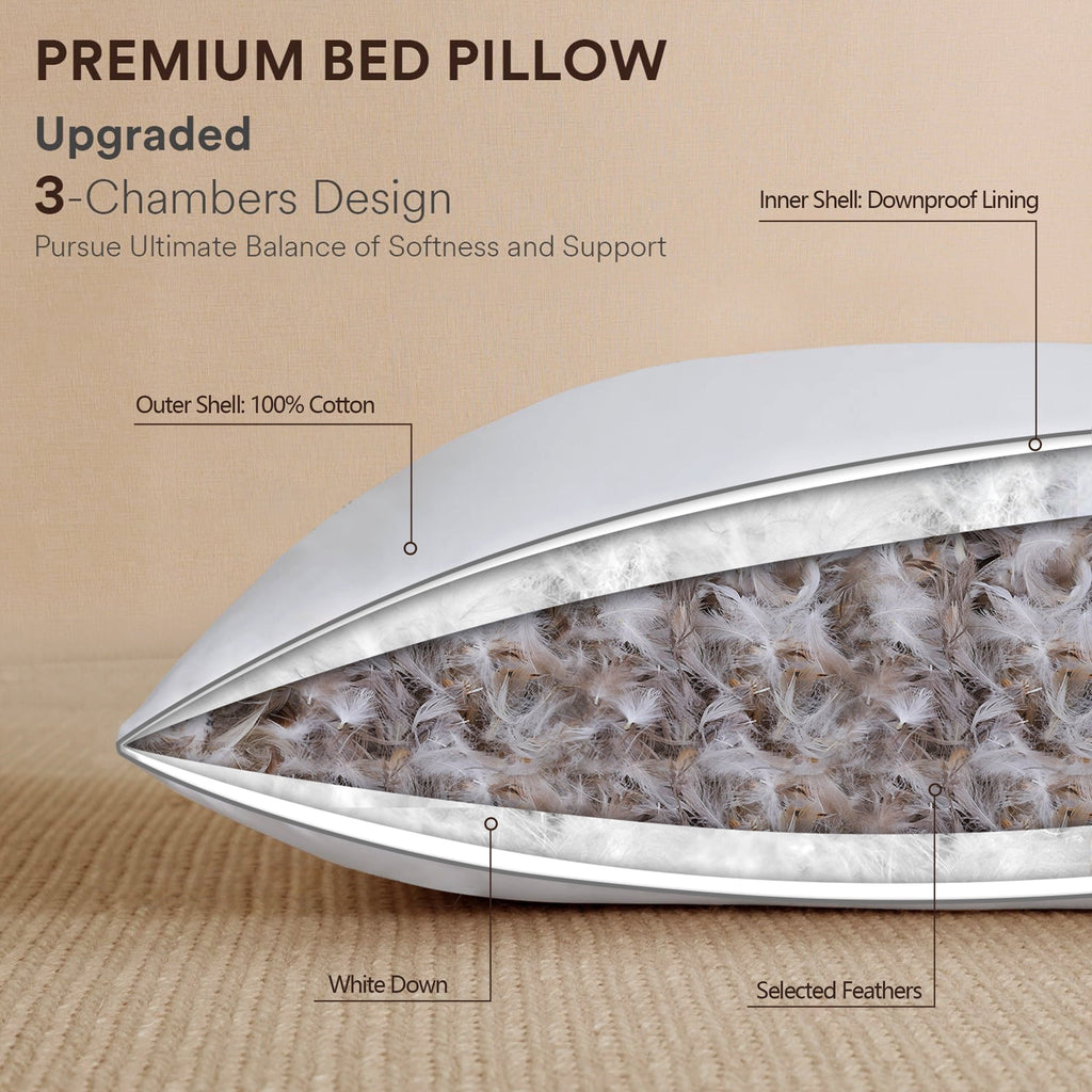 Fluffy Shredded Goose Feather Down Pillows Queen Size Set of 2, 100% Cotton Cover Hotel Collection Bed Pillows，20"x28" - Hotel Quality Plush Sleeping Pillows Detail