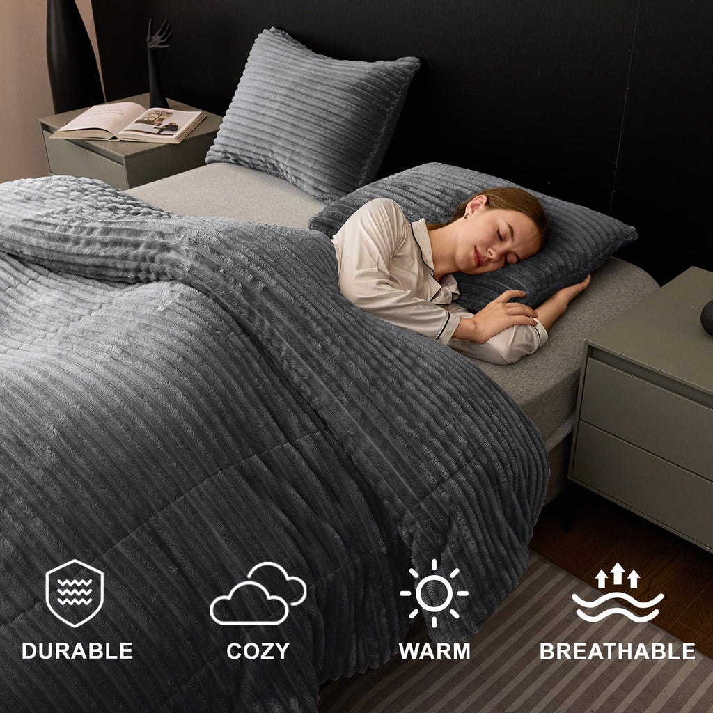 Heavyweight Warmth 3 Piece Fleece Queen Comforter Set - Soft & Warm Fluffy Dark Gray Sherpa Bedding , Fuzzy Heavy Double Sided Design Wi... - Cloud-Like Soft Lightweight Bed Comforter Detail