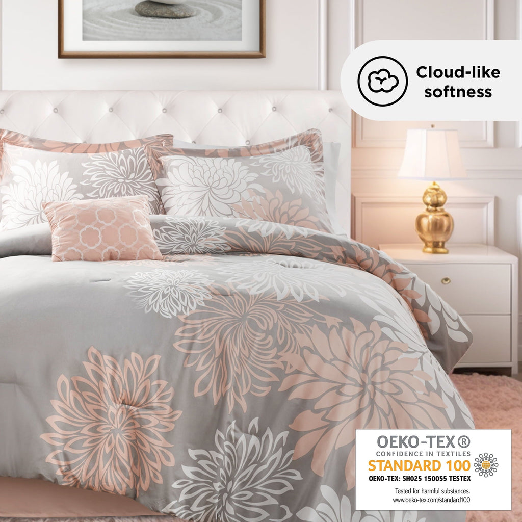 All-Season King Size Comforter Set, 5-Piece Floral Bedding Set for All Season, Blush Comforter Set King with Bed Skirt - Luxurious Quilted Duvet Cover Set Detail