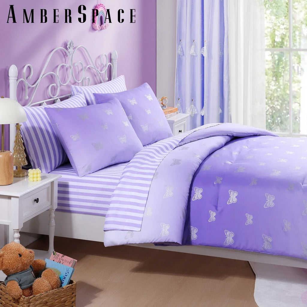All-Season gold foil Design 7-piece Bed in a Bag Comforter Set with Sheets,Purple/Silver Butterflies,Full - Cloud-Like Soft Lightweight Bed Comforter Detail