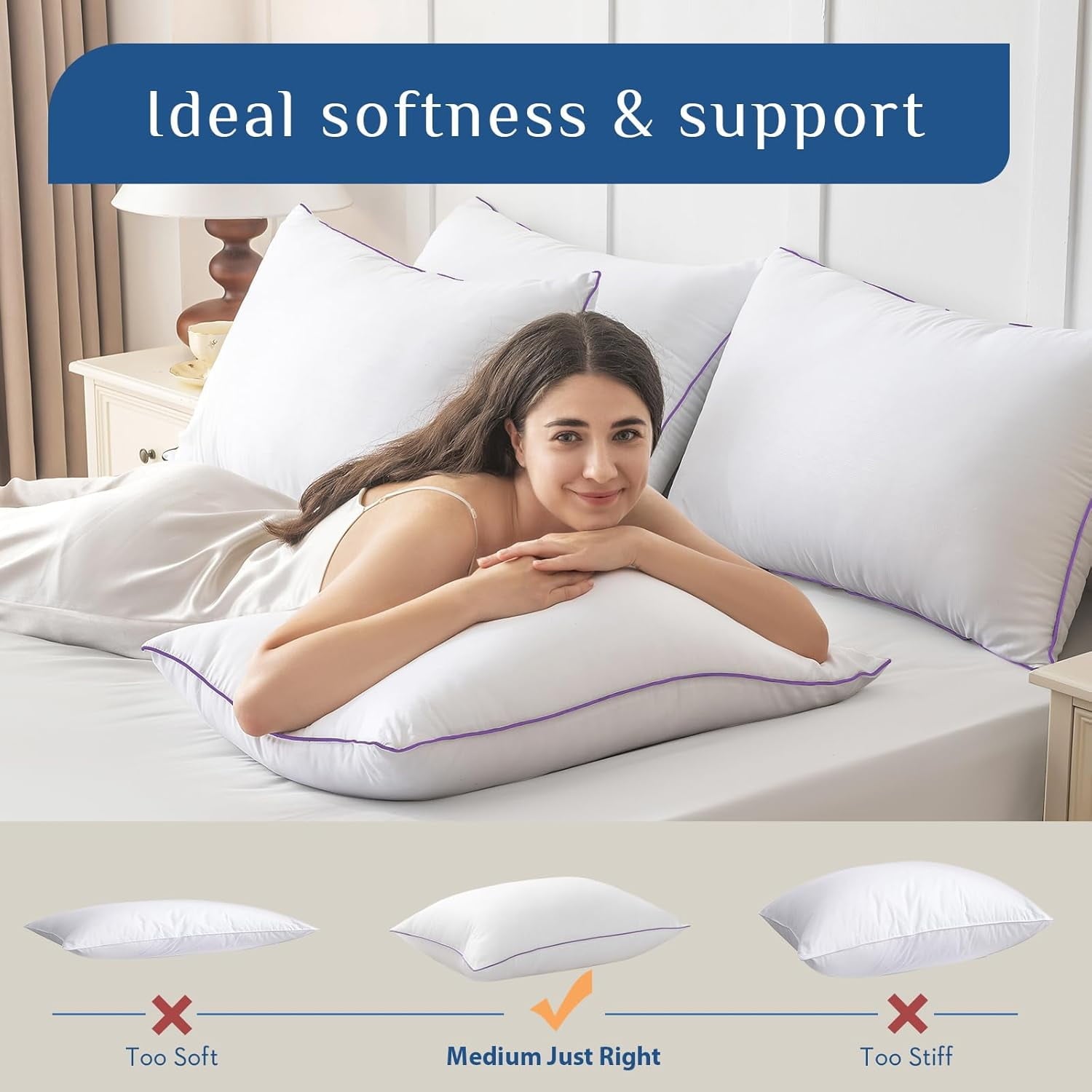 Hotel Collection Set of 4, Cooling and Supportive Bed with Super Soft Down Alternative Fill, Luxury Fluffy Hotel Quality for Side, Bac... - Orthopedic Shredded Foam Bed Pillow Set Detail