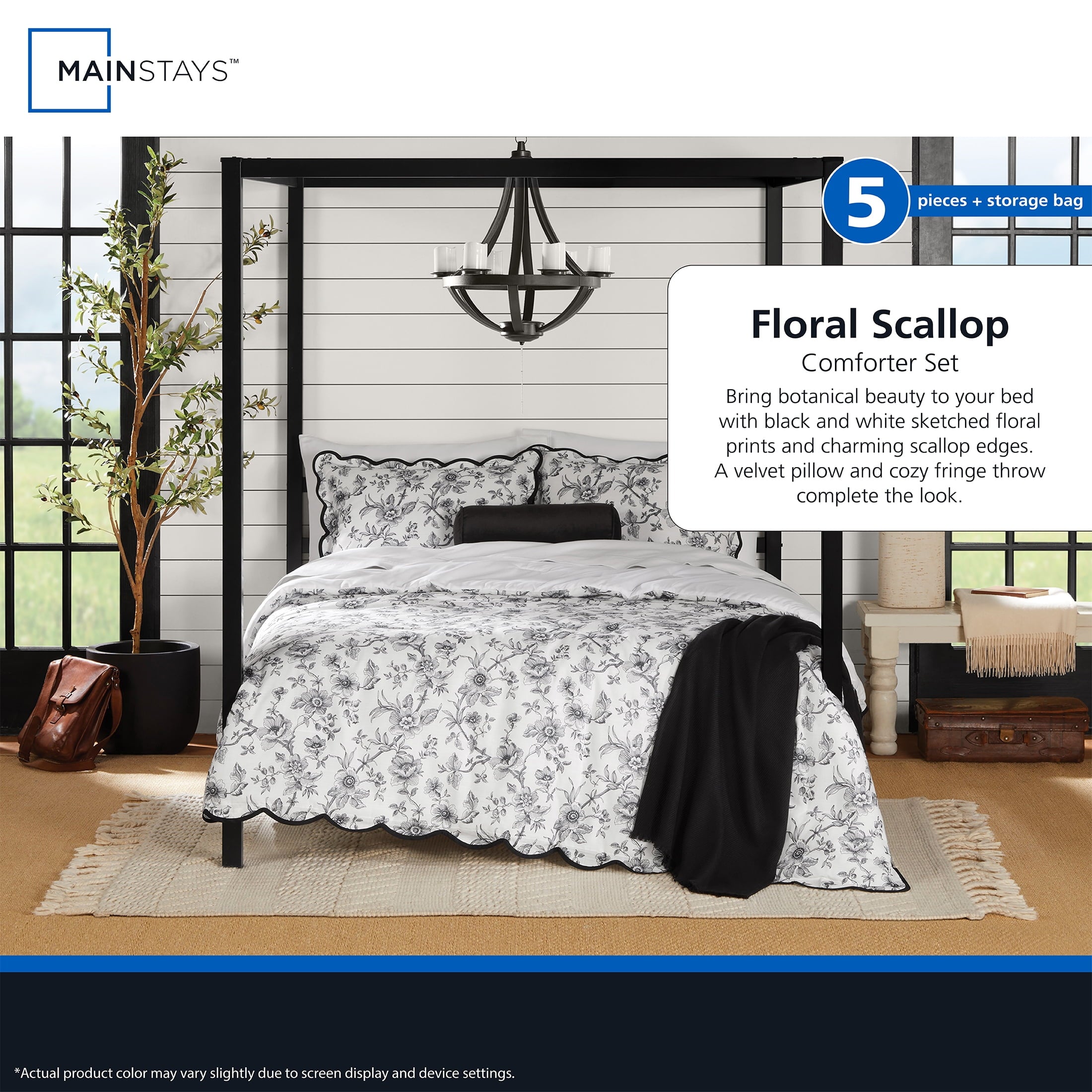 Heavyweight Warmth Floral Scallop 4-Piece White/Black Comforter Set, Twin/Twin XL - All-Season Down Alternative Comforter Insert Detail