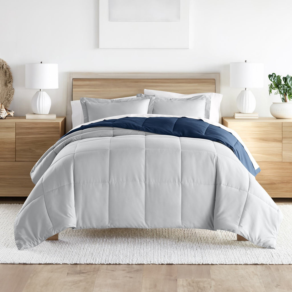 Fluffy Down Alternative 2-Piece Navy & Gray Reversible Down Alternative Comforter Set, Twin/Twin XL - Luxurious Quilted Duvet Cover Set Detail