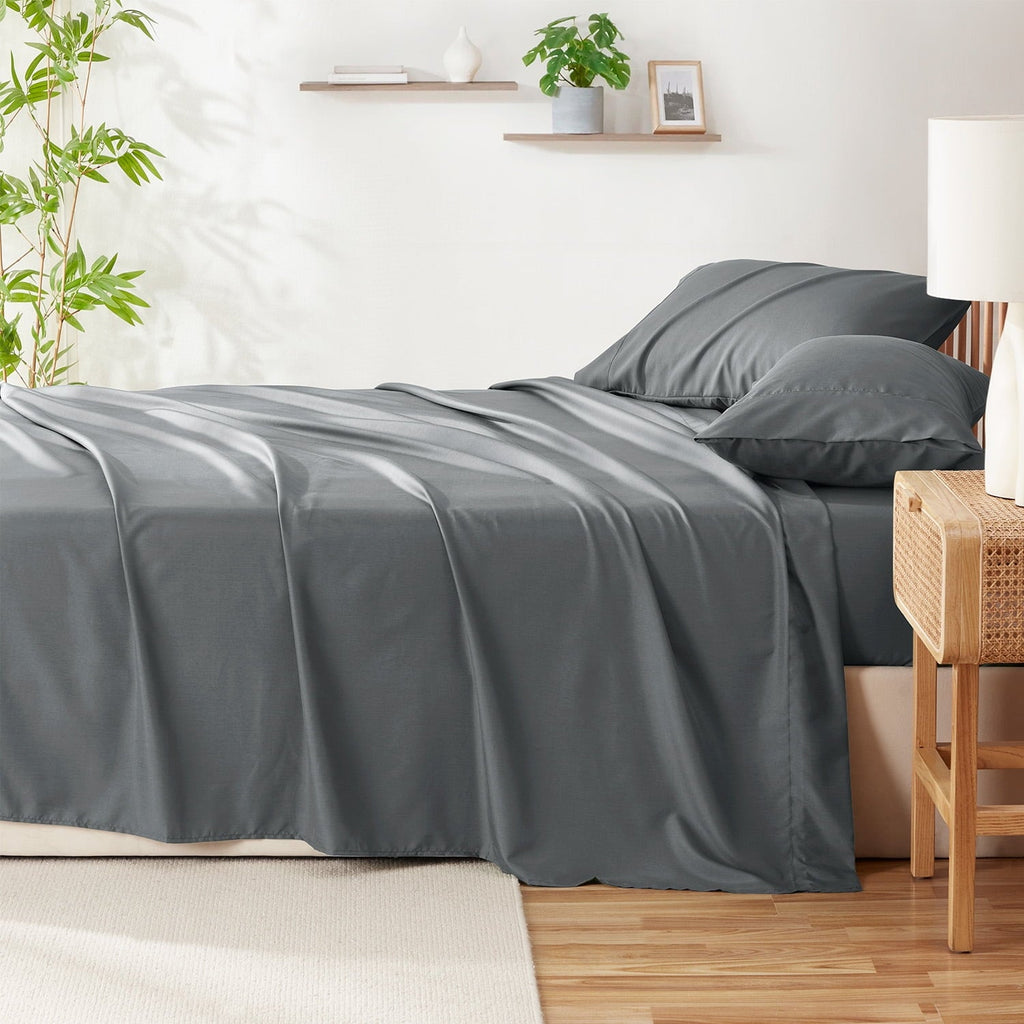 Cooling Sateen Virtu Bed Sheets Set, Deep Pocket Rayon Derived 4 Piece Queen Sheets sets, Gray - Cooling Hotel Quality Bedding Sheets and Pillowcases Detail