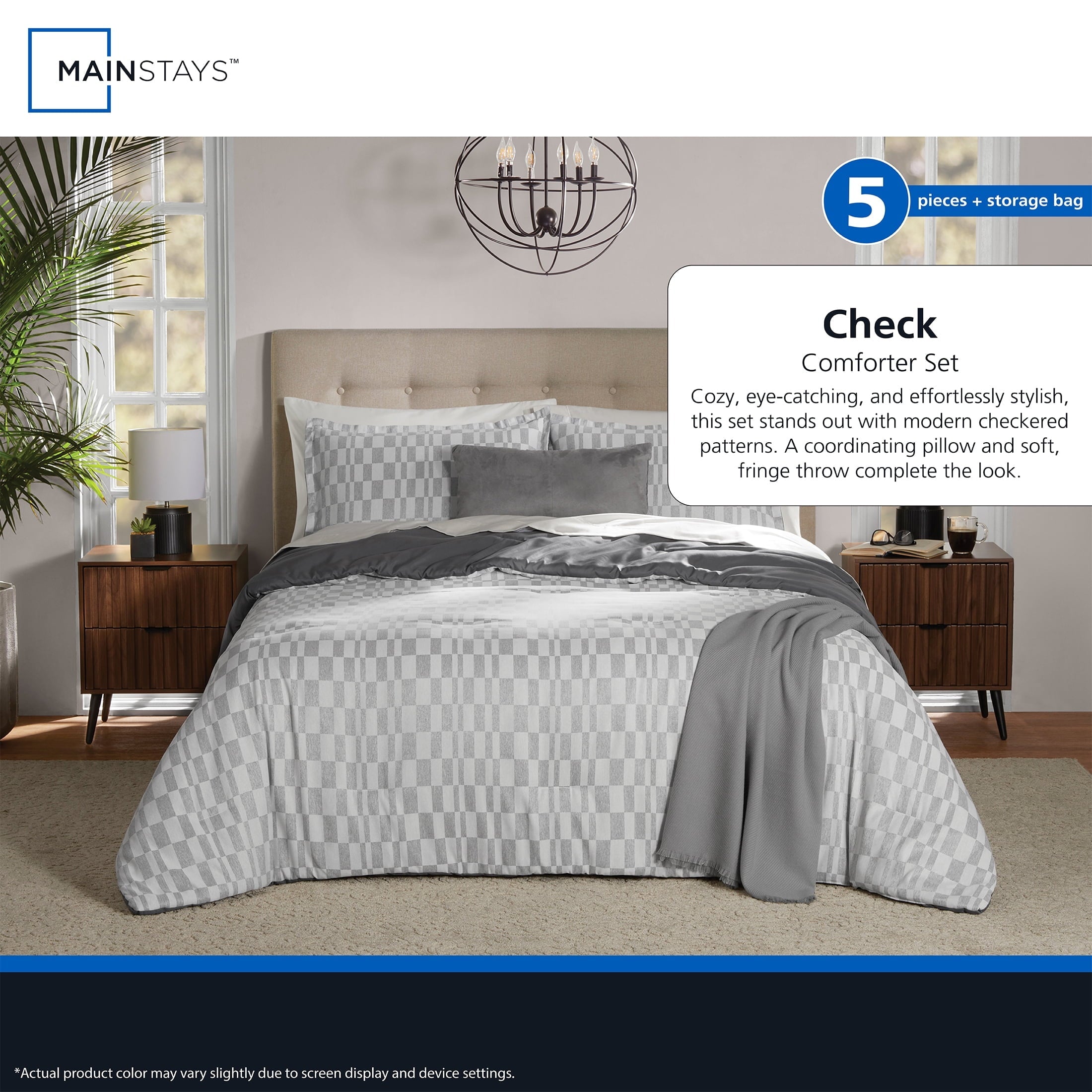 Fluffy Down Alternative Full/Queen Comforter Set, All-Season, 5-Piece, Soft Silver Check - Cloud-Like Soft Lightweight Bed Comforter Detail