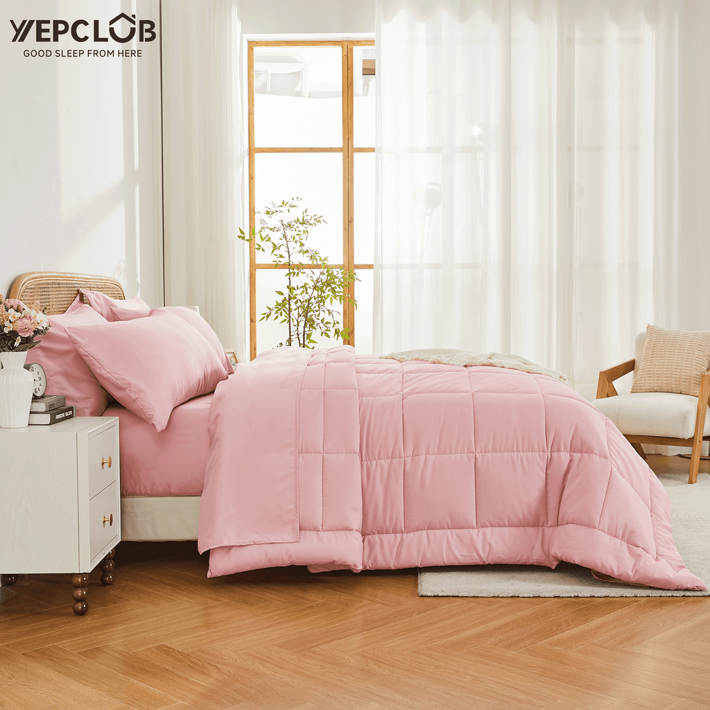 Heavyweight Warmth 7-Piece Queen Size Comforter Set,Pink Reversible Bed in a Bag,All Season Solid Bedding Set with Sheets,Pillowcases & ... - Hypoallergenic Ultra-Fluffy Quilt for Winter Detail