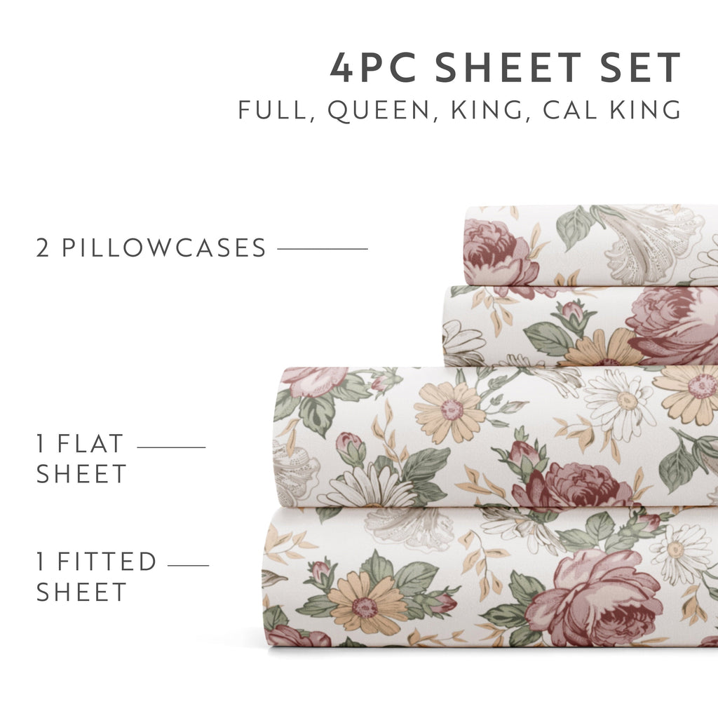 Ultra-Soft 4 Piece Pattern Microfiber Bed Sheets Set, Blooming Floral Rose, Queen - Breathable Egyptian Cotton Flat & Fitted Sheets Detail