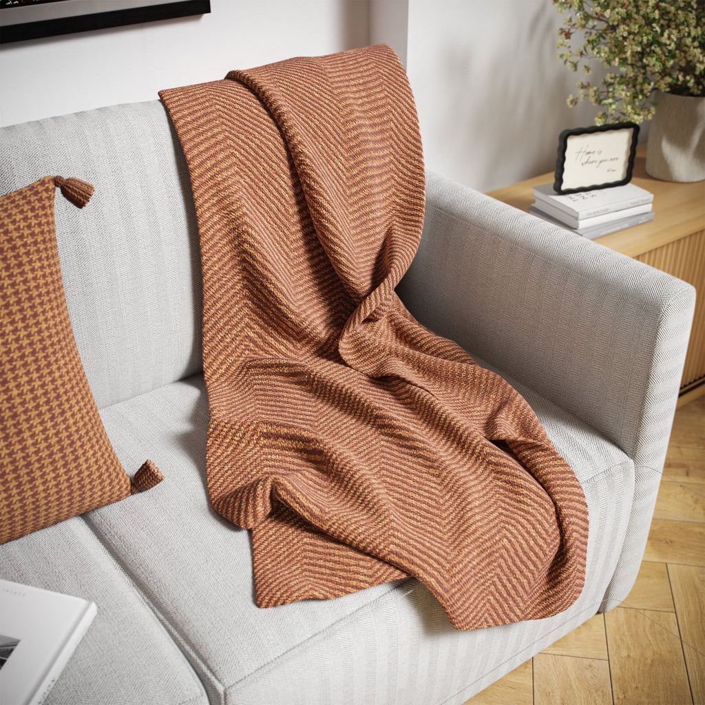 Decorative Knitted Beautiful Rust Woven Herringbone Throw , 50" x 60" - Cozy Fleece Throw Blanket for Couch & Bed Detail