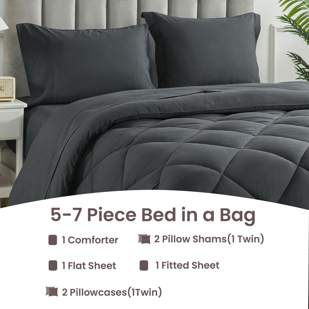 All-Season Queen Bed in a Bag Comforter Set with 7 Pieces - Dark Gray All Season Bedding Sets with Comforter, Pillow Shams, Flat... - Hypoallergenic Ultra-Fluffy Quilt for Winter Detail