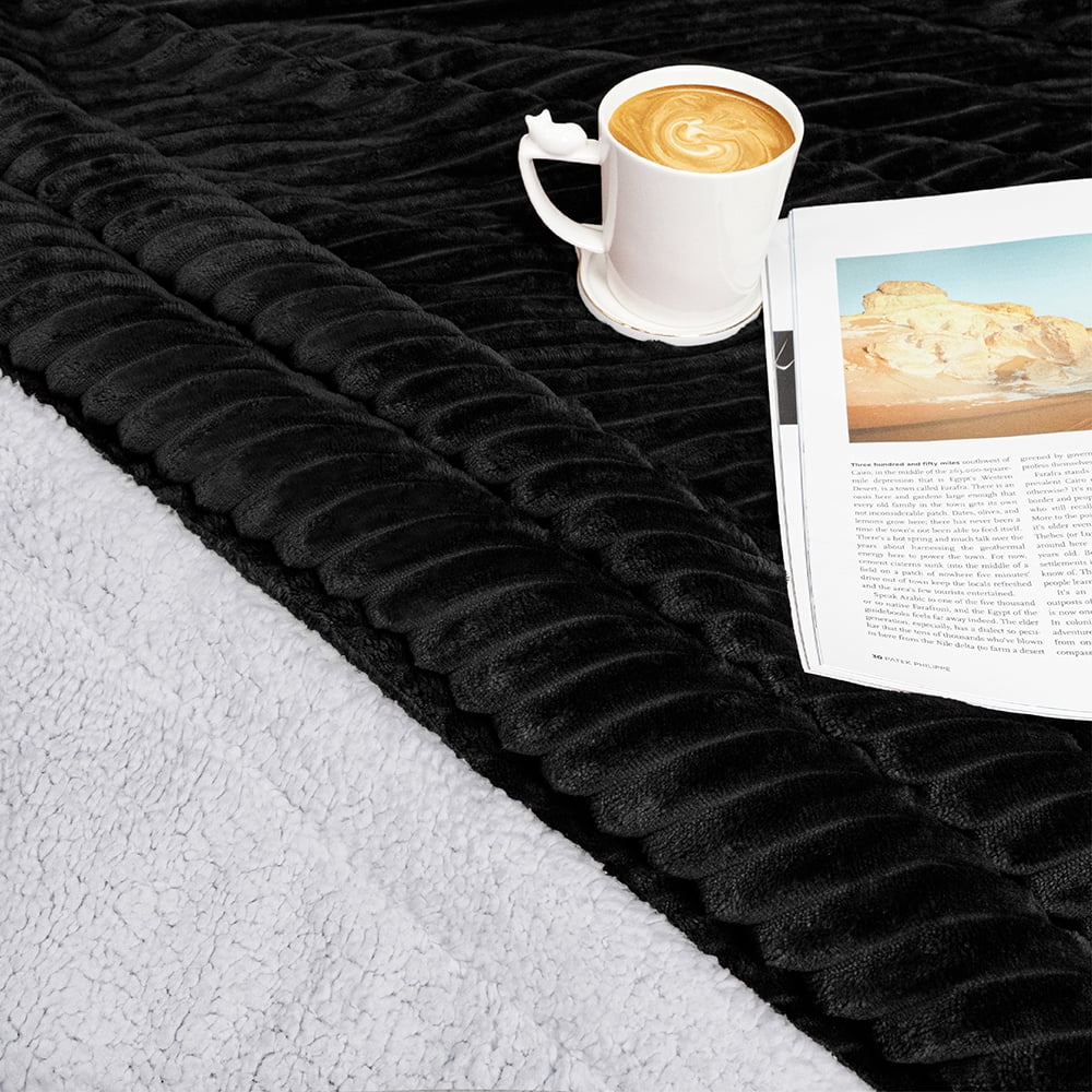 Decorative Knitted Reversible Sherpa Fleece Throw Blanket Black, Plush Flannel Throw, Ultra Soft Warm Ribbed Microfiber Blanket for Sofa... - Luxury Knitted Decorative Throw Blanket with Fringes Detail