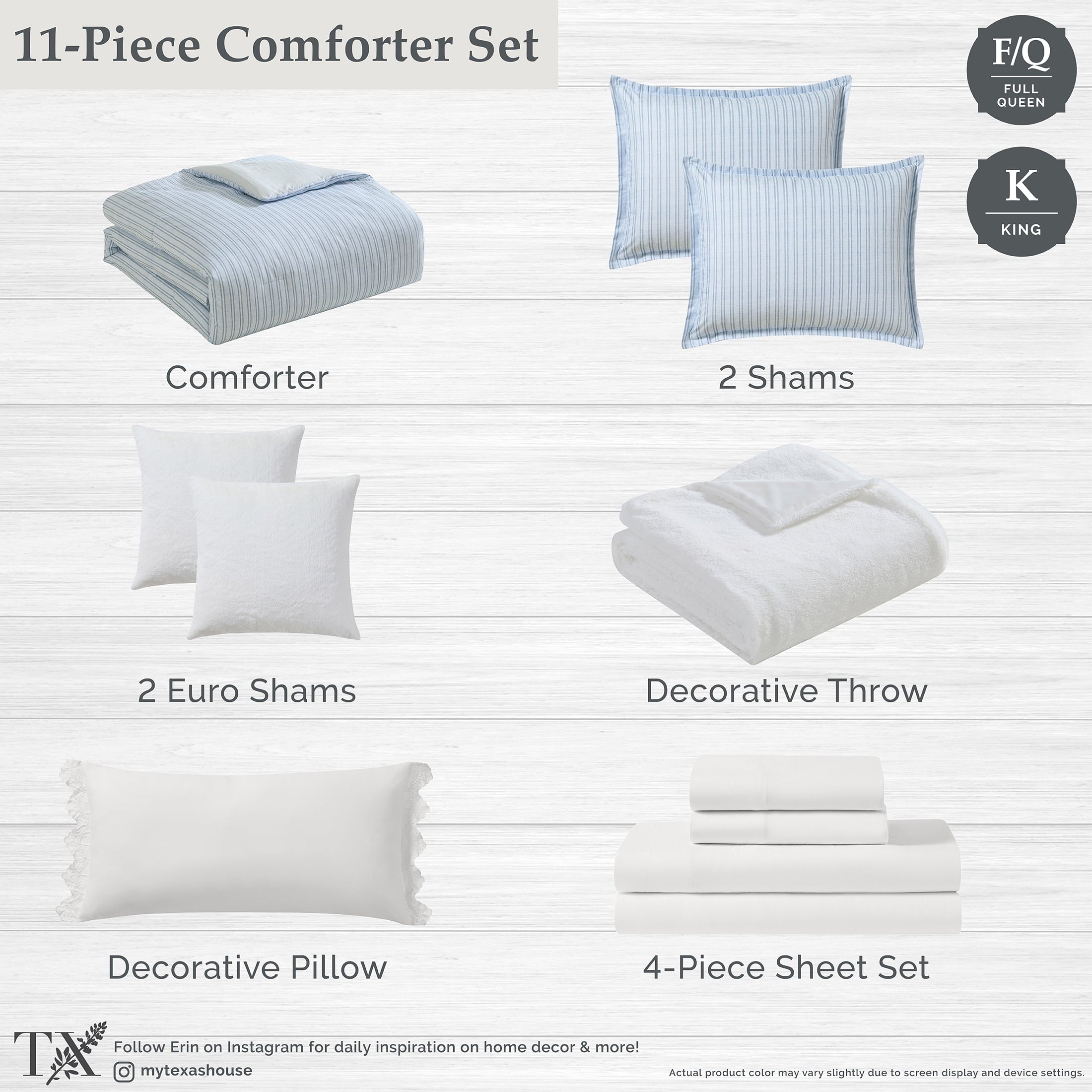Hypoallergenic Cloud Stripe 11-Piece Comforter Set with Sheets, Blue, Queen - All-Season Down Alternative Comforter Insert Detail