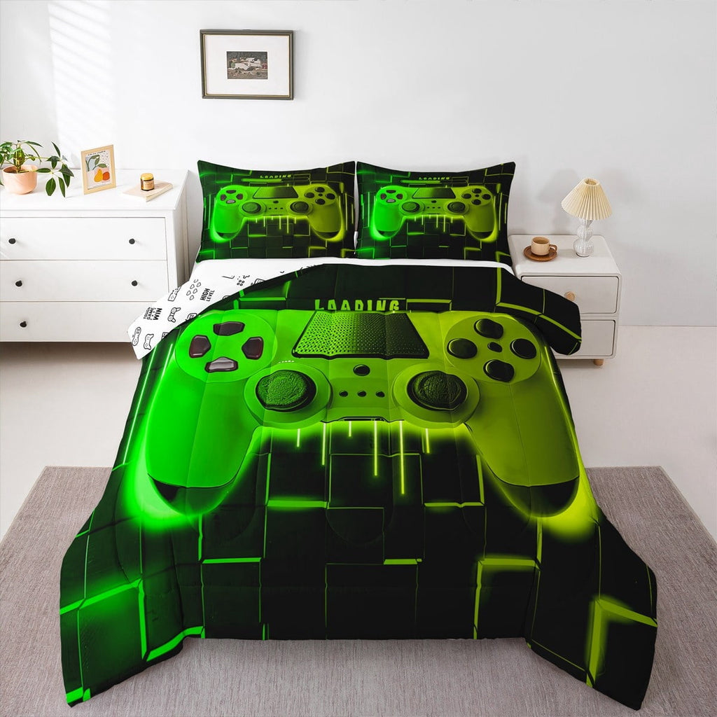 Fluffy Down Alternative Green Yellow Gaming Full Size Comforter Sets - Gamer Comforter Full Size Bedding Set, Neon Lights Abstract Geometry D... - Luxurious Quilted Duvet Cover Set Detail