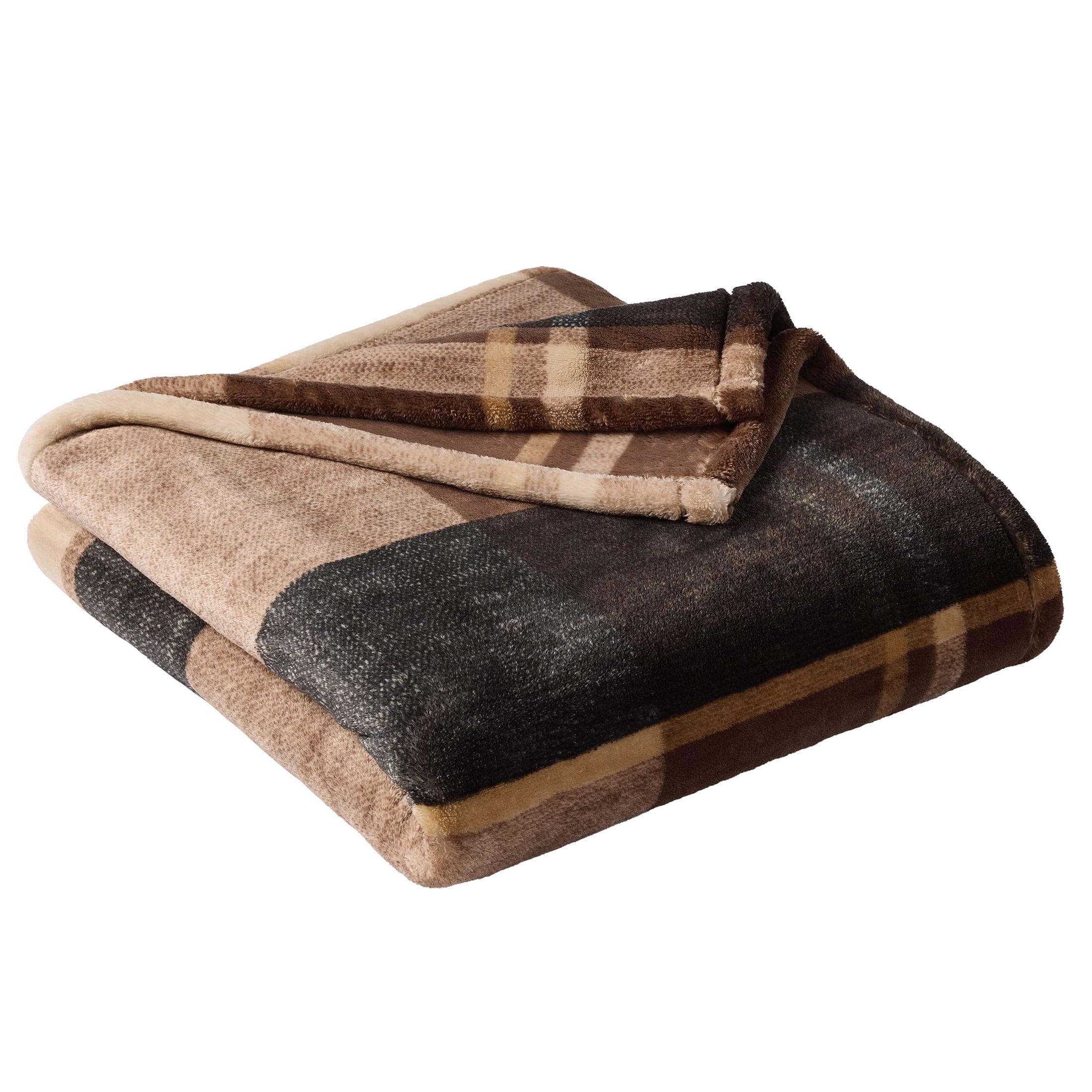 Super Soft Flannel Printed Velvet Plush Super Soft Throw Blanket, Oversized, Shelton Brown Plaid - Luxury Knitted Decorative Throw Blanket with Fringes Detail