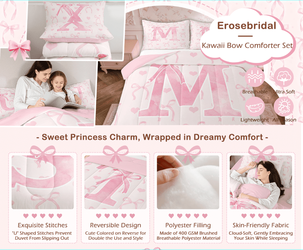 Luxurious Quilted Kawaii Bowknot Bedding Sets Full with Comforter, Initial H Duvet Insert, Romantic Initial A-Z Decor, Reversible - Cloud-Like Soft Lightweight Bed Comforter Detail