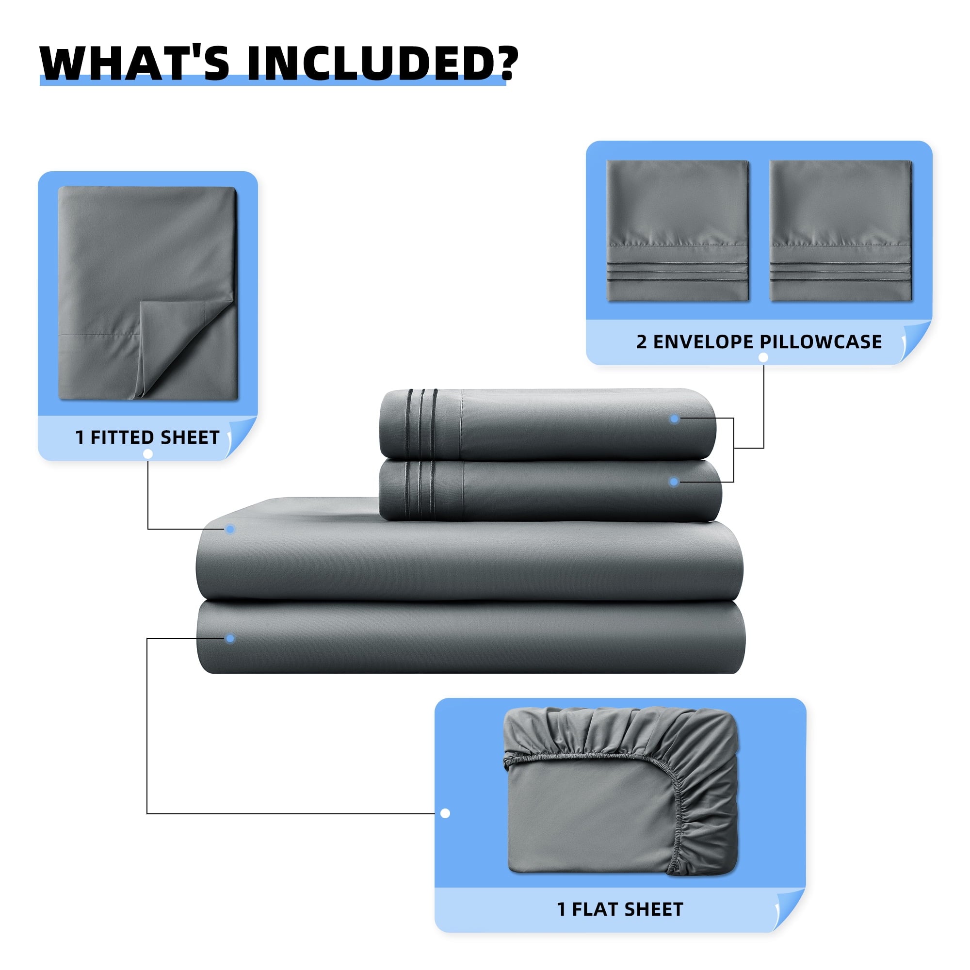 Cooling Sateen Shilucheng 4 Pieces Luxury Bed Sheets Set, Plush Microfiber Bed Sheets, 16" Deep Pocket, Queen, Dark Gray - Premium Ultra-Soft Pillowcase Pair for Sleeping Detail