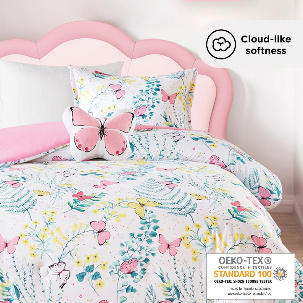 Heavyweight Warmth Full/Queen Size Comforter Sets, 4-Piece Kids Bedding Set for Girls, Butterfly Floral Comforter Bed Set, White/Pink - Hypoallergenic Ultra-Fluffy Quilt for Winter Detail