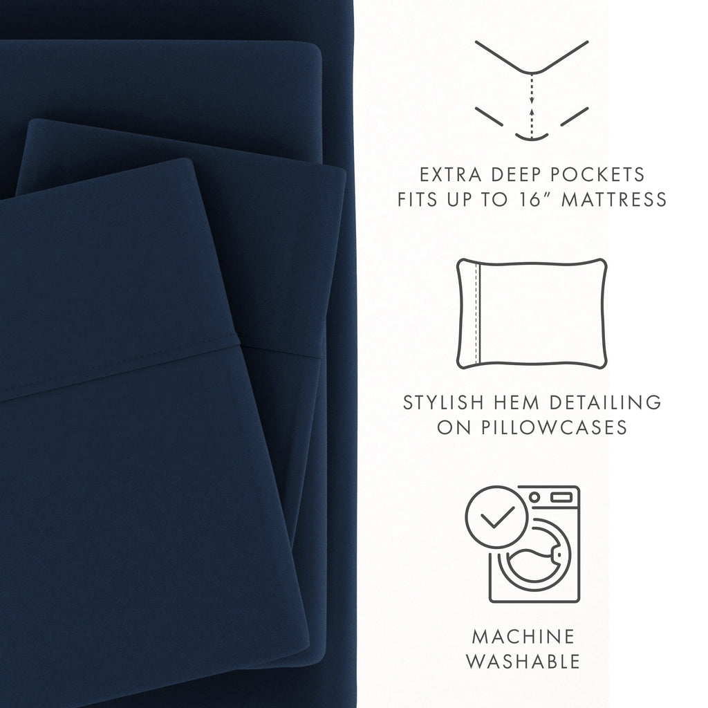 Cooling Sateen 4 Piece Solid Microfiber Bed Sheet Set, Navy, Queen - Luxury Bed Sheet Set with Deep Pockets Detail