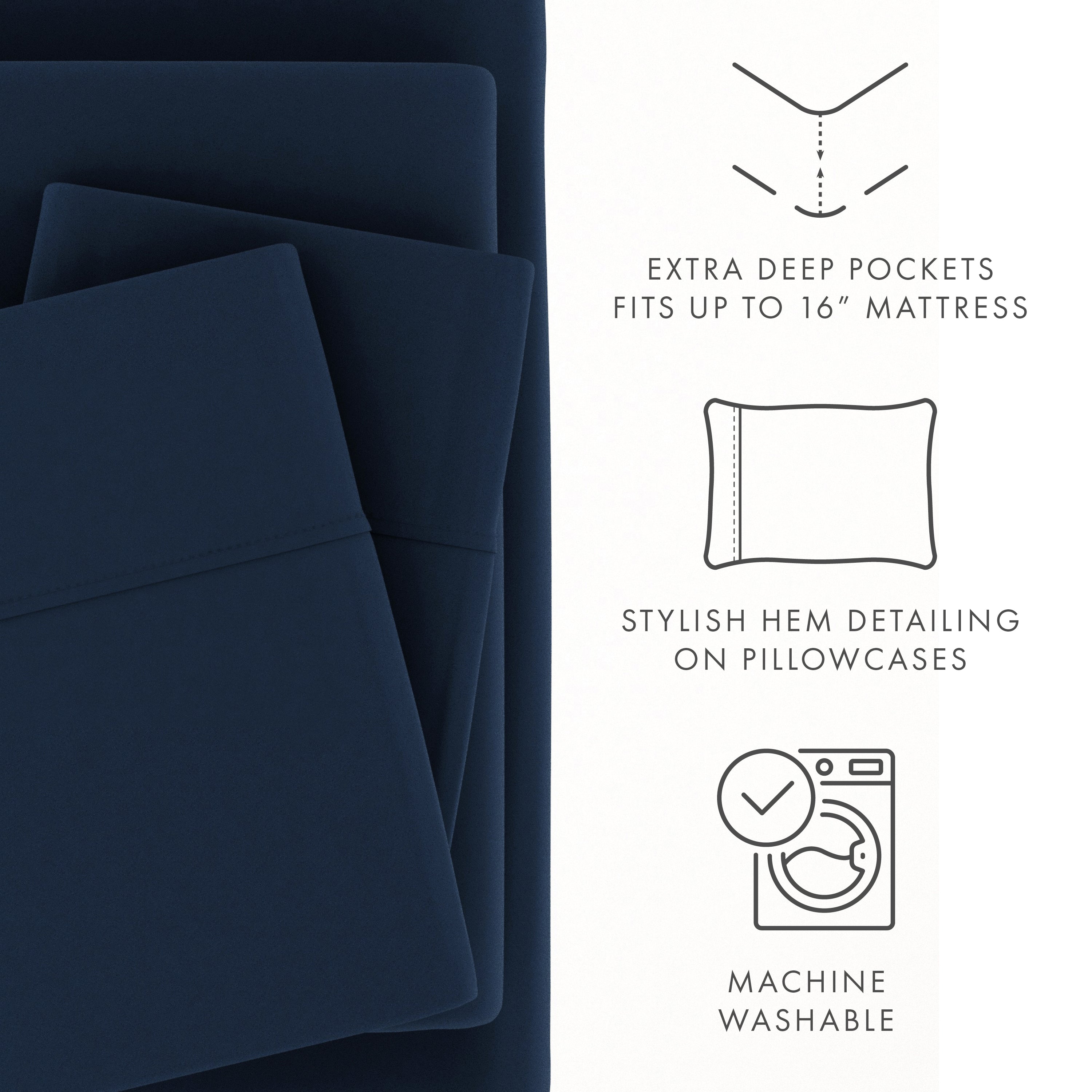 Cooling Sateen 4 Piece Solid Microfiber Bed Sheet Set, Navy, Queen - Luxury Bed Sheet Set with Deep Pockets Detail