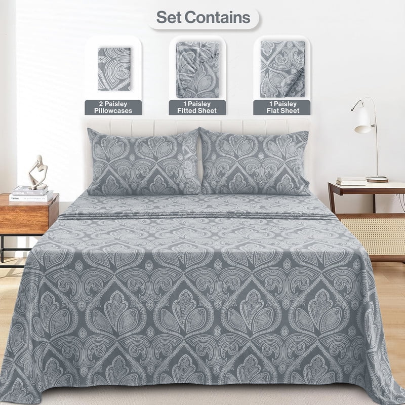 Premium Egyptian Cotton Lux Decor 4 Piece Queen Sheet Set, Brushed Microfiber Paisley Printed Bed Sheet Set with up to 16" Deep Pocket Fitted... - Luxury Bed Sheet Set with Deep Pockets Detail