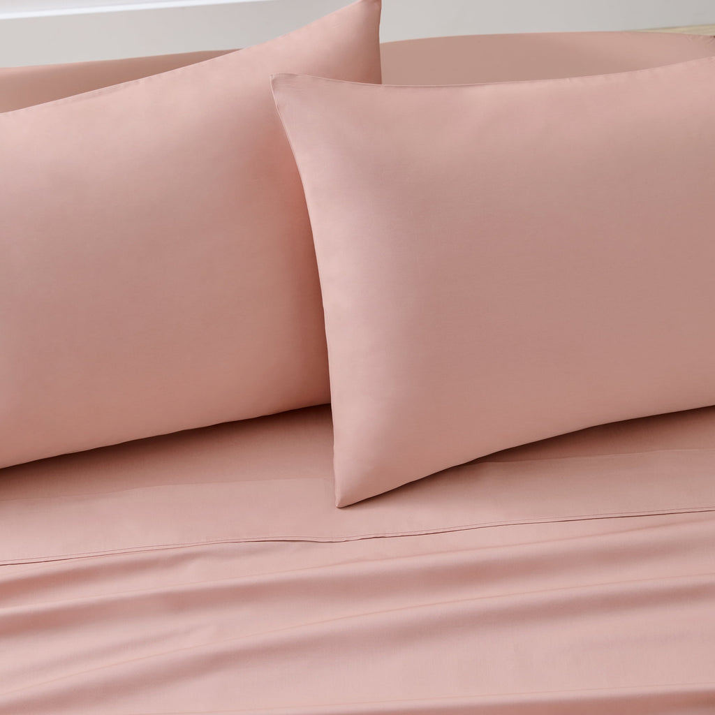 Cooling Sateen 300 Thread Count Cotton Percale 3-Piece Antique Blush Bed Sheet Set, Twin - Breathable Egyptian Cotton Flat & Fitted Sheets Detail