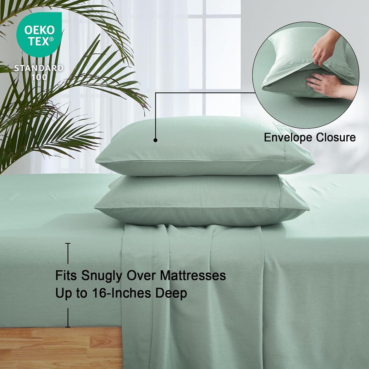 Wrinkle-Resistant Bamboo Bed Sheet Sets, 4 Pieces King Silky Soft Bedding Sheets, 1800 Thread Count 16 Inch Deep Pockets, Sage Green - Breathable Egyptian Cotton Flat & Fitted Sheets Detail