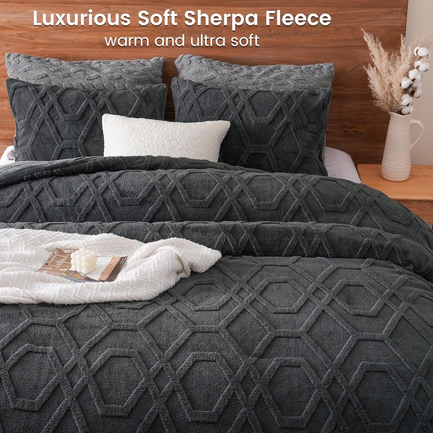 Fluffy Down Alternative Warm Sherpa Fleece Queen Comforter Set, 3D Tufted Fluffy Dark Grey Bedding for Winter, Soft 3 Pieces Shaggy Bed Set, ... - Luxurious Quilted Duvet Cover Set Detail