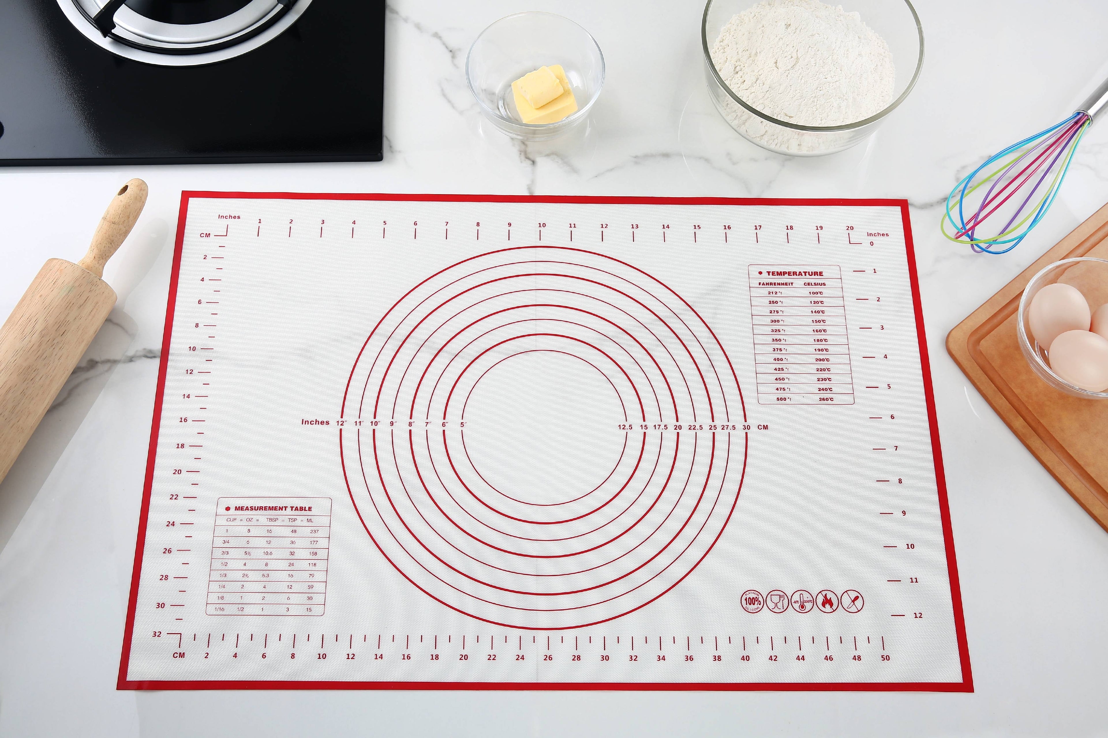 Premium Kitchen Reusable Silicone 24"x 18" Pastry Mat with Measurements - Premium Stainless Steel Garlic Presser & Peeler Detail