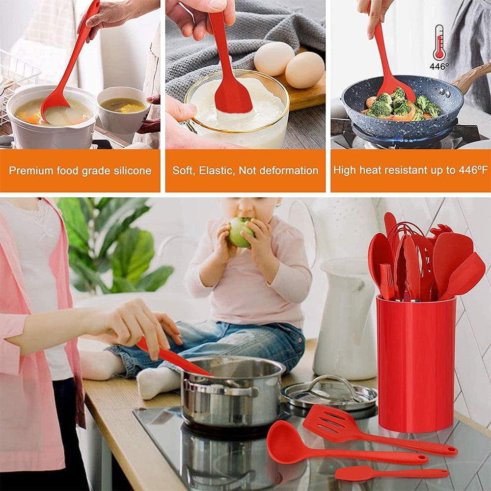 Heat-Resistant 14 Pcs Cooking Utensils Set with Holder, Heat Resistant Silicone Kitchen Cookware Utensils Set, Kitchen Cooking Tools... - Durable Turner & Ladle Utensil Set for Home Chefs Detail