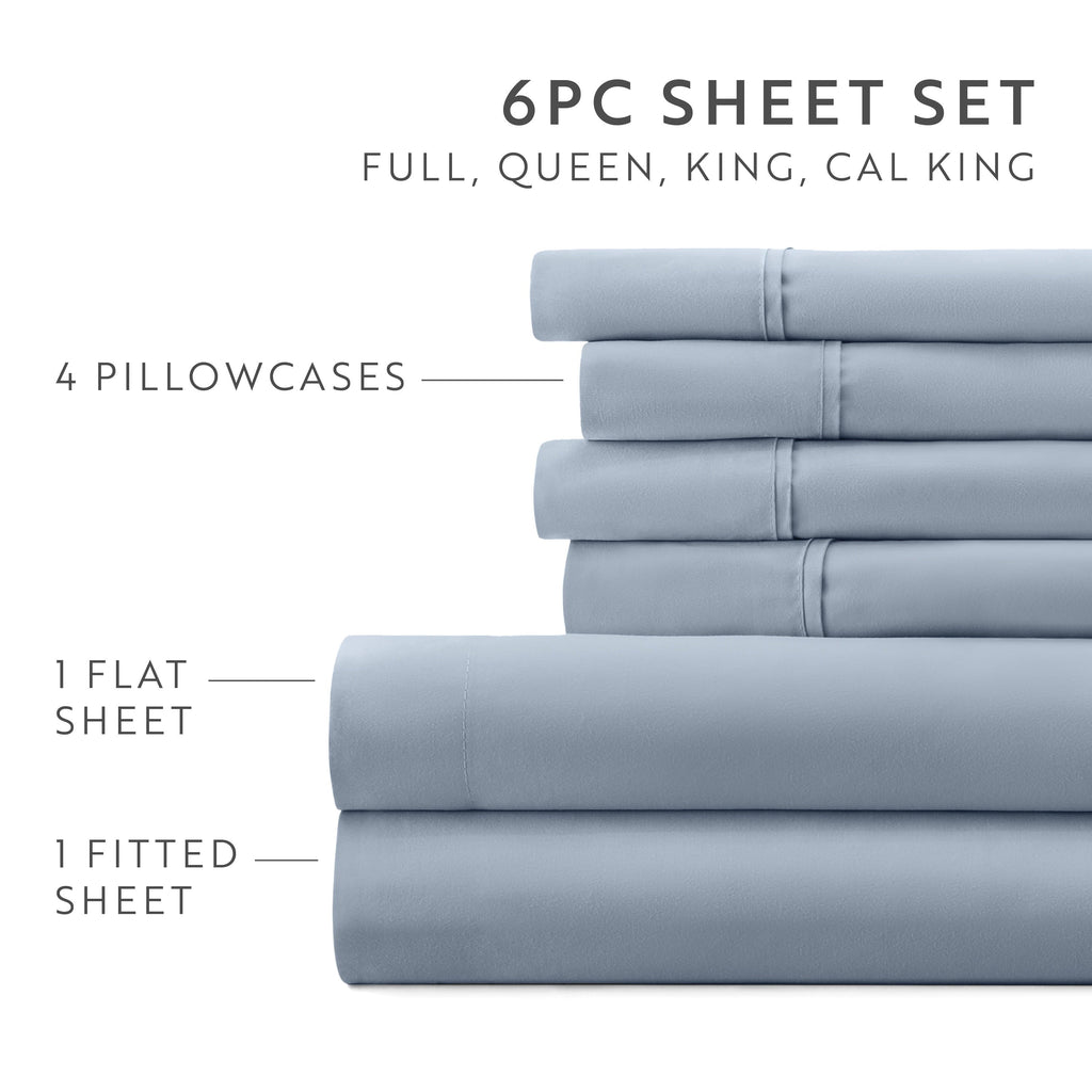 Cooling Sateen Queen, Light Blue Solid Microfiber 6 Piece Bed Sheet Set - Premium Ultra-Soft Pillowcase Pair for Sleeping Detail
