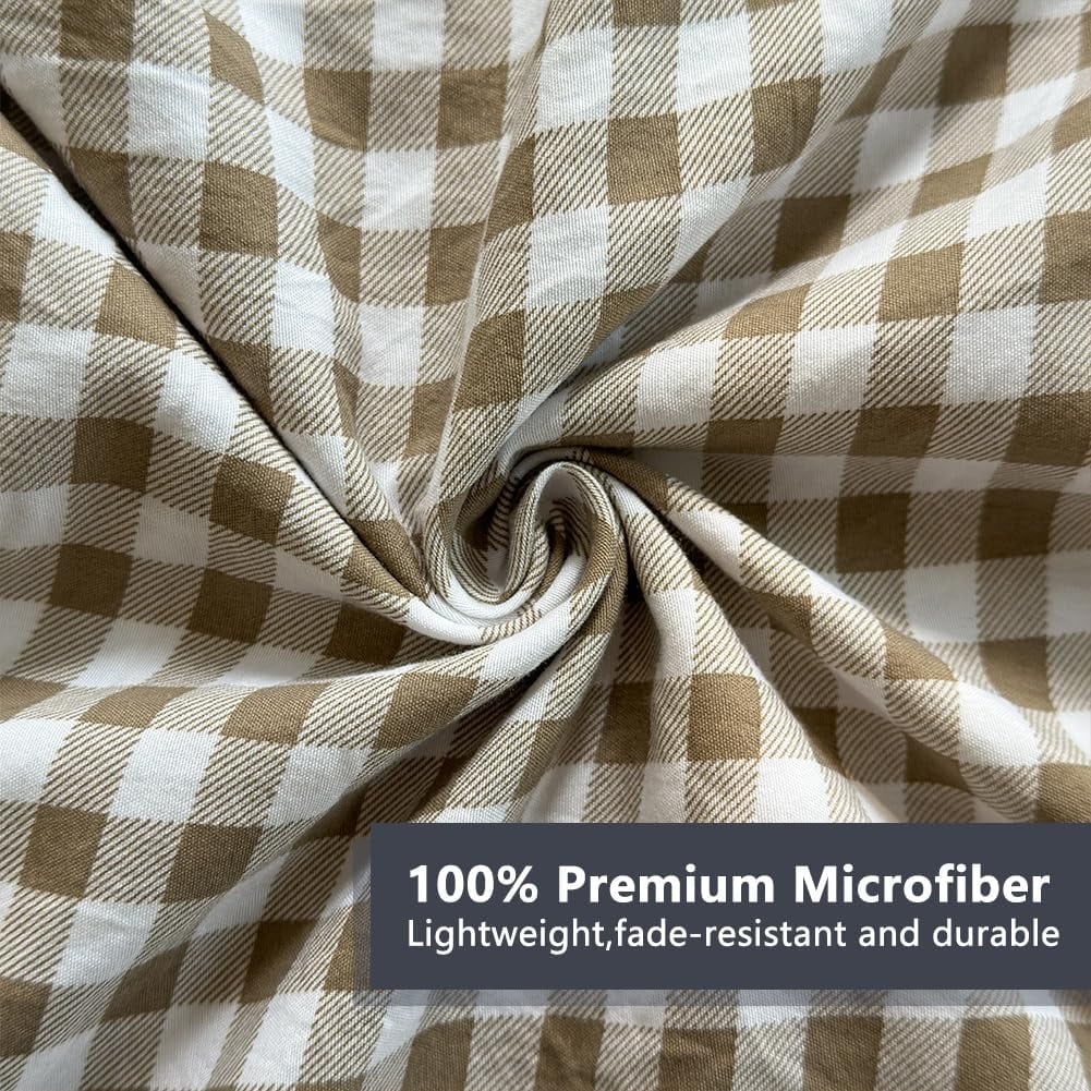 Premium Egyptian Cotton Tan Gingham Ruffle Queen Sheet Set, Taupe Soft Pre-Washed Microfiber Plaid Ruffled Queen Bed Sheets, 4-Pieces Farmhou... - Breathable Egyptian Cotton Flat & Fitted Sheets Detail