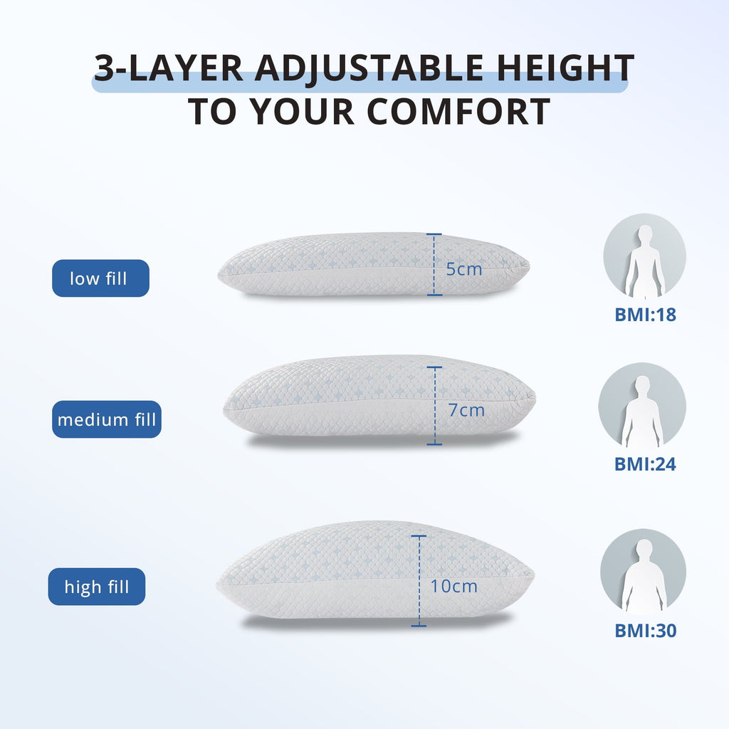 Hotel Collection 2-Pack Adjustable Cooling Bed Pillows, Shredded Memory Foam Pillows Set of 2, Standard Queen, Dual Sides - Hotel Quality Plush Sleeping Pillows Detail